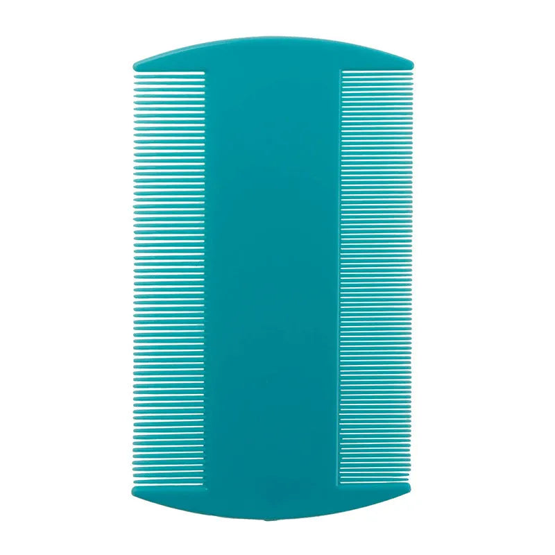 Double-sided plastic flea and lice comb with fine metal teeth, shown in assorted colours.