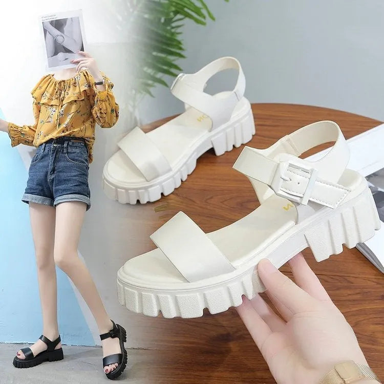 Women's beige PU platform sandals with a fish mouth peep toe and an ankle-strap buckle.