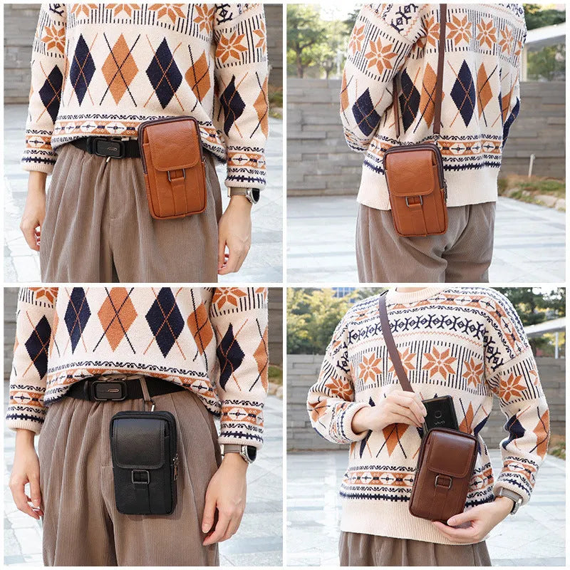 Men's black genuine leather crossbody waist bag with a square shape and lock detail.