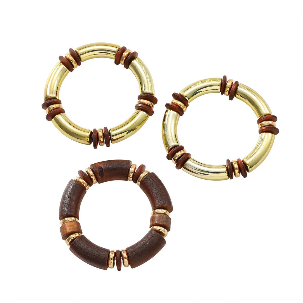 Multi-layer wooden necklace and bracelet set with alloy round pendant