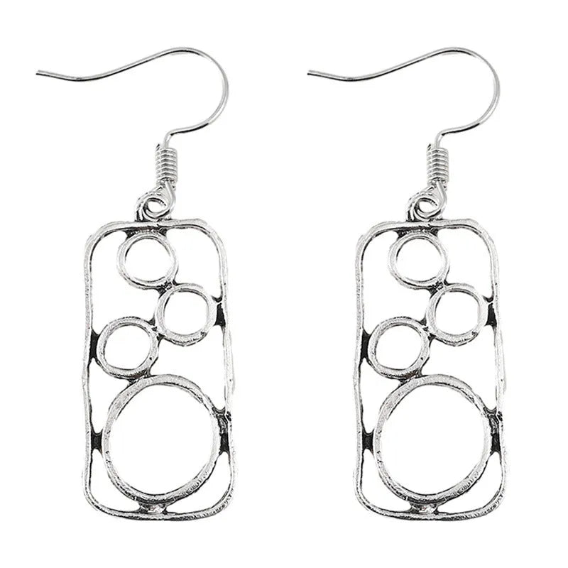 Geometric round ring earrings with irregular square design in antique silver zinc alloy