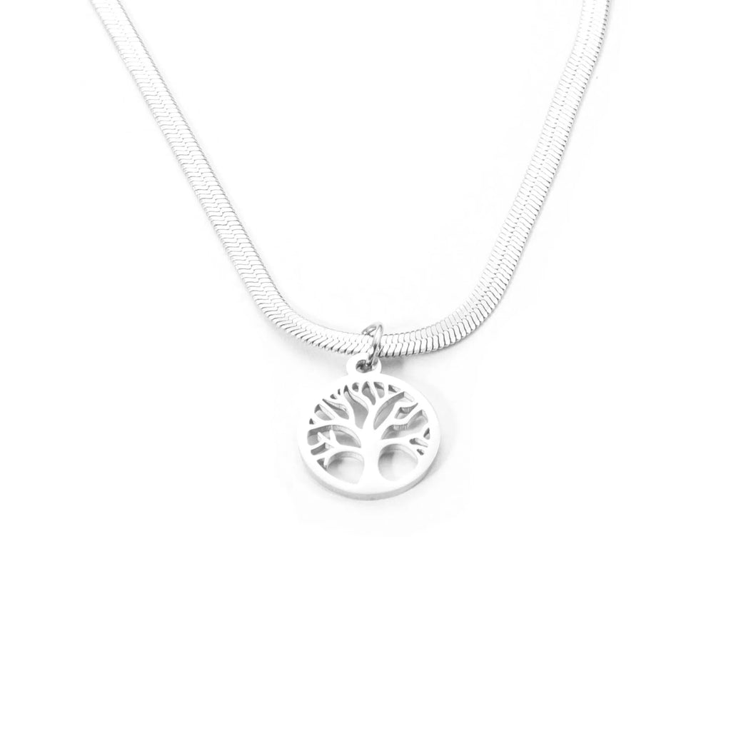 Stainless steel necklace with a U-shaped tree pendant on a snake bones chain.