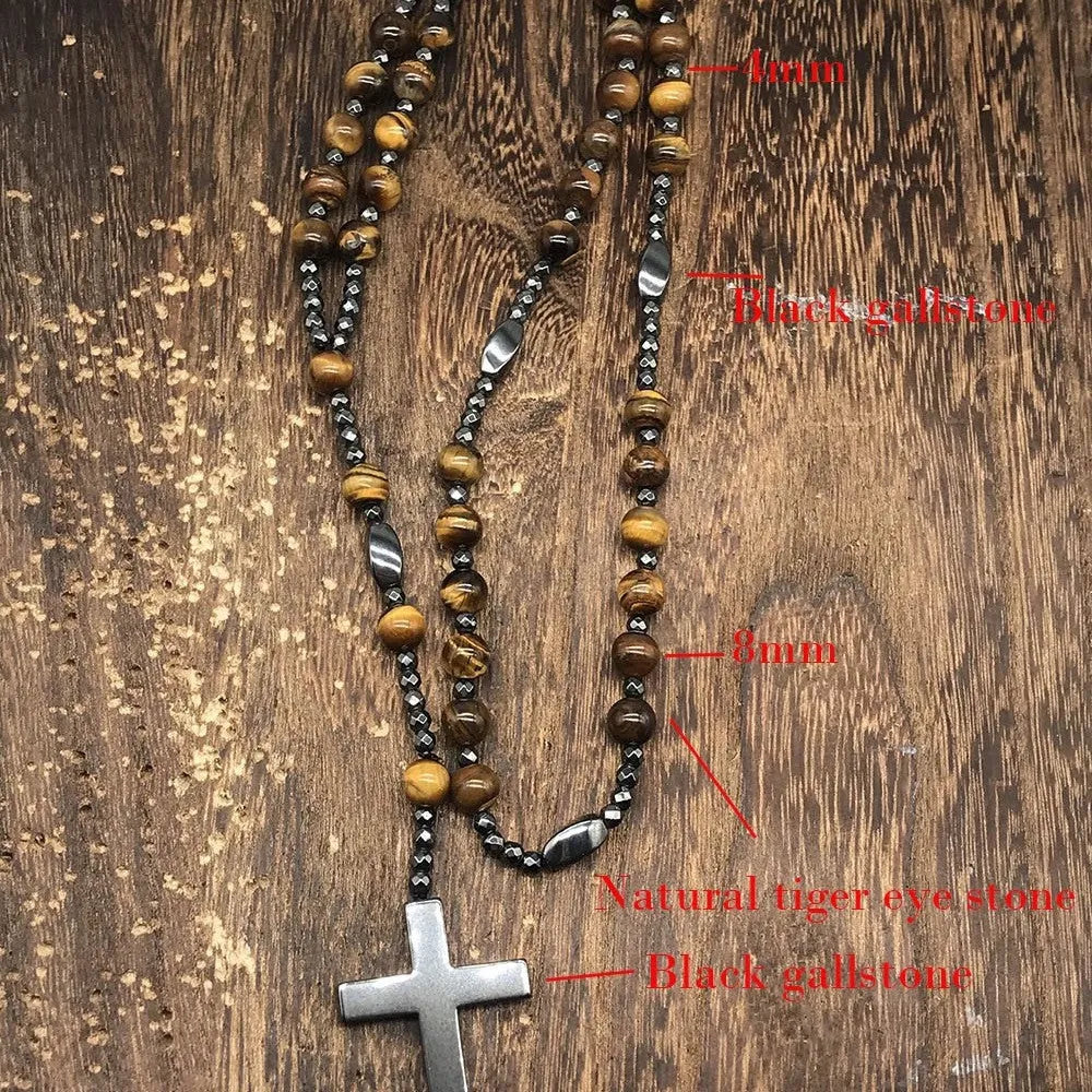 Men's stone necklace with a geometric cross pendant on a ball bead chain, showing the safety lock clasp.