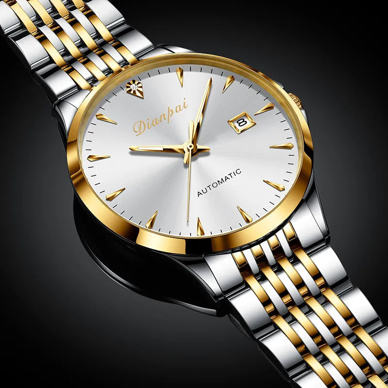 Men's stainless steel automatic mechanical watch with simple dial and 30m water resistance