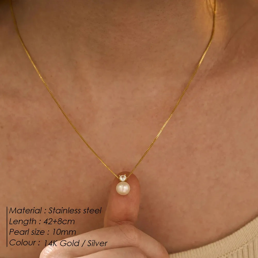 St Delan women's stainless steel necklace with imitation pearl and zircon pendant in gold or steel colour
