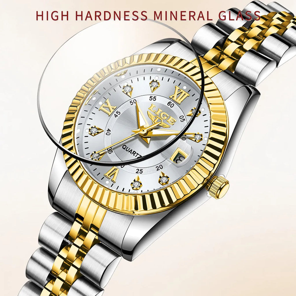 Women's waterproof quartz fashion watch with 10mm thickness in gold and silver colour options