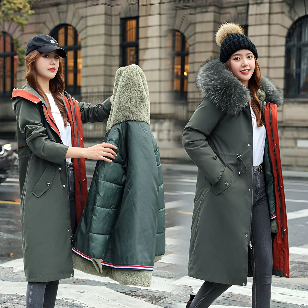 Women's long cotton-padded fleece trench coat in bean green colour with two-way zip and extended 100cm length