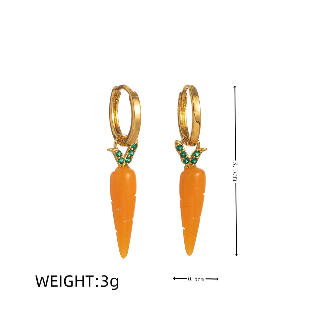 Gold plated copper earrings with fruit and vegetable designs including grape, cherry, lemon, carrot, peach, and orange elements