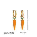 Gold plated copper earrings with fruit and vegetable designs including grape, cherry, lemon, carrot, peach, and orange elements