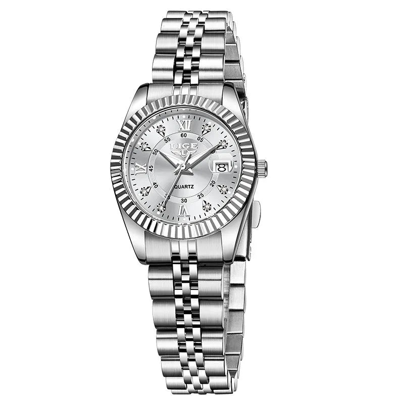 Women's waterproof quartz fashion watch with 10mm thickness in gold and silver colour options