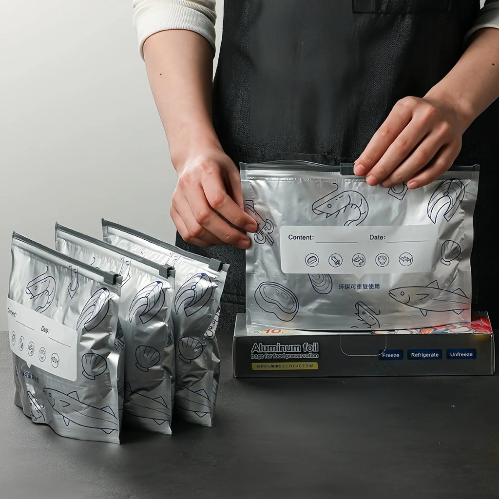 Set of reusable aluminium foil fresh-keeping bags with sealing function in three different sizes.