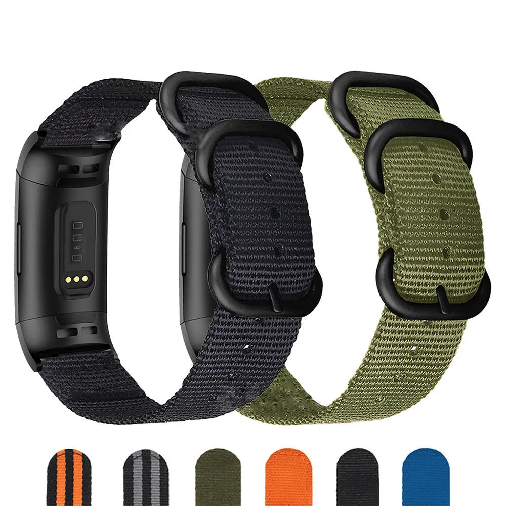 Nylon three-ring buckle replacement strap for Fitbit Charge 2, 3, 4, 5 fitness trackers in multiple colours.