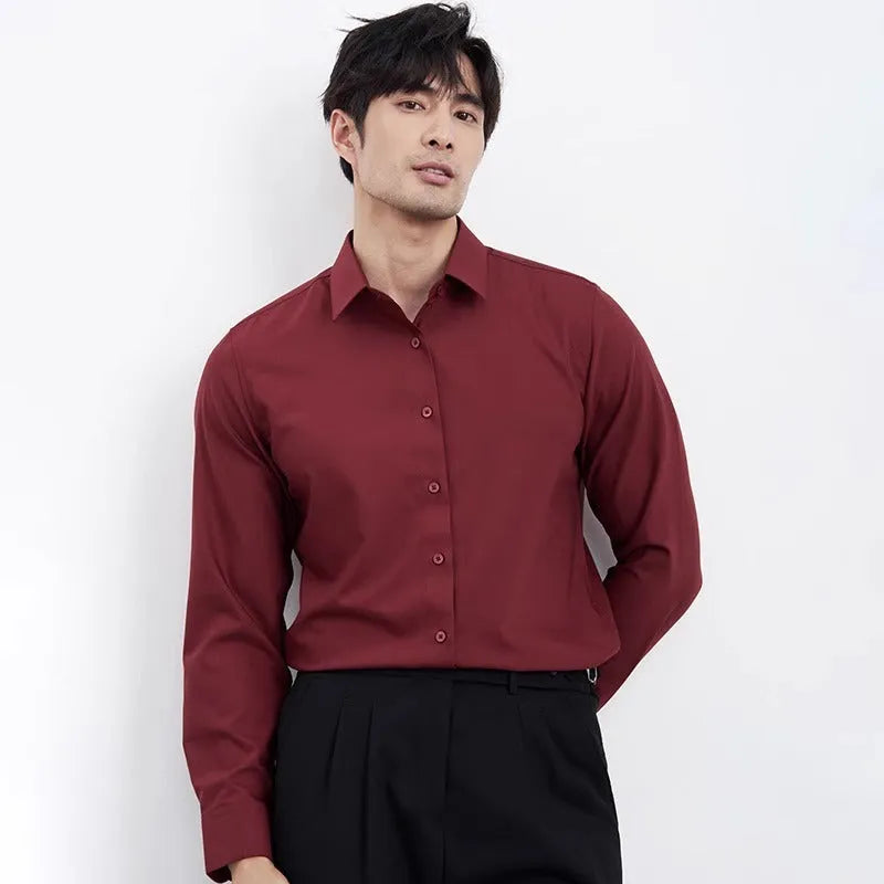 Men's wine red slim fit long sleeve shirt on a hanger, non-iron polyester fabric.
