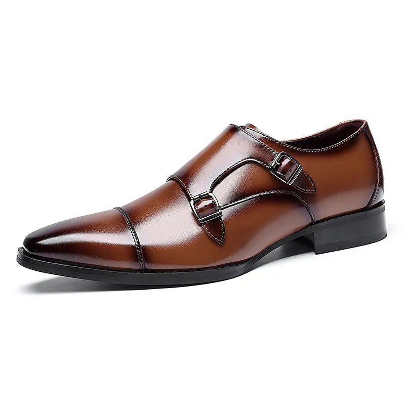 Men's black and light brown leather shoes with square toe and low top design for business wear