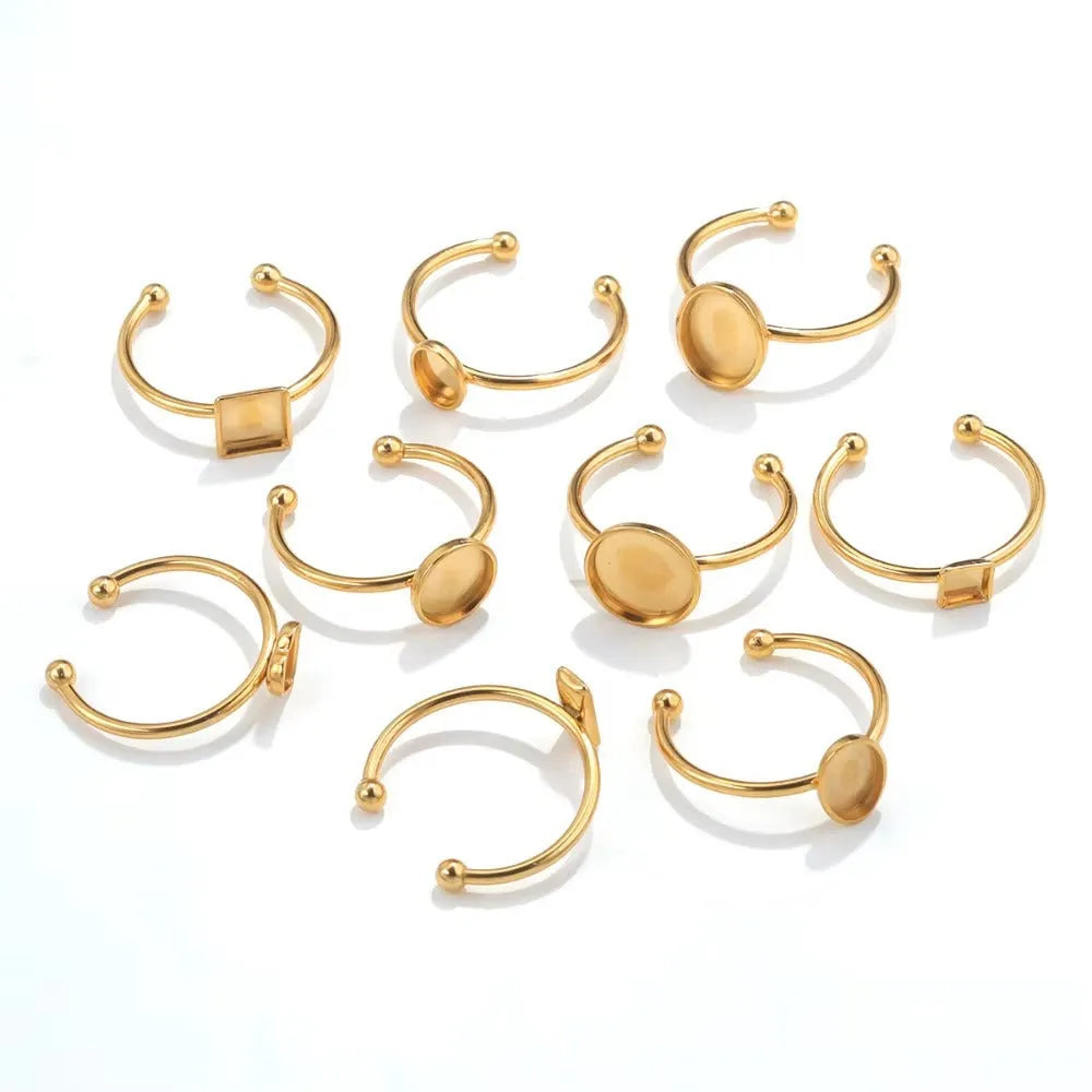 Gold electroplated stainless steel DIY ring setting on holder for jewellery polishing