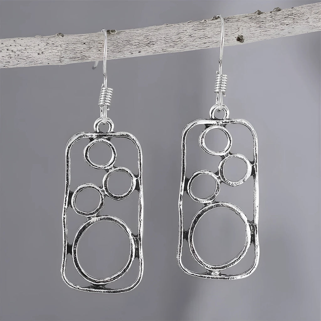 Geometric round ring earrings with irregular square design in antique silver zinc alloy