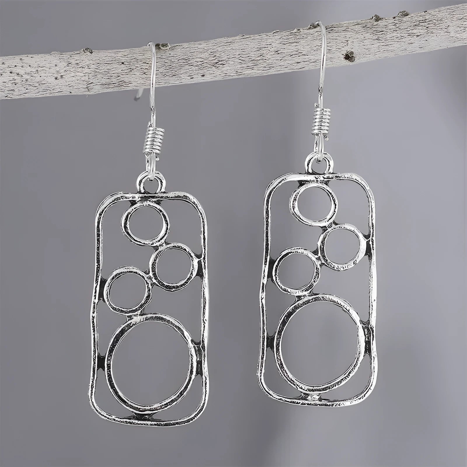 Geometric round ring earrings with irregular square design in antique silver zinc alloy