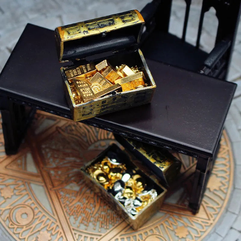 Alloy metal doll house accessories gold coin treasure box miniature ornaments with gold bar combinations