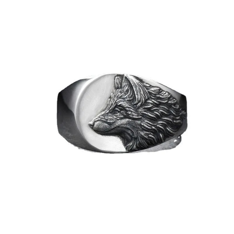 Silver geometric wolf head alloy ring for men in European American retro style