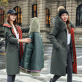 Women's long cotton-padded fleece trench coat in bean green colour with two-way zip and extended 100cm length