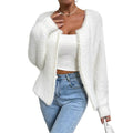 Women's white V-neck cardigan sweater with medium thickness polyester knitwear fabric