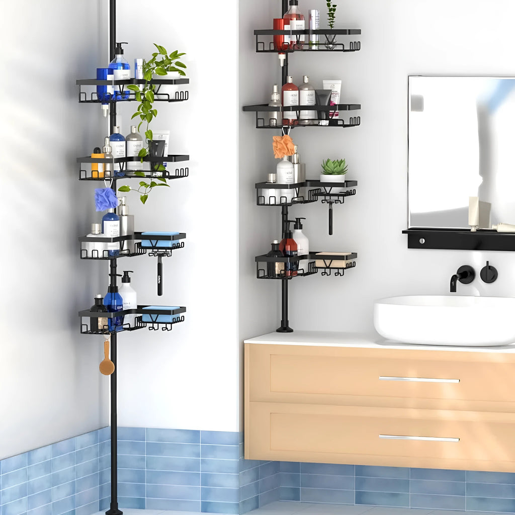 Hole-free retractable bathroom storage rack with four shelves in modern simplicity style