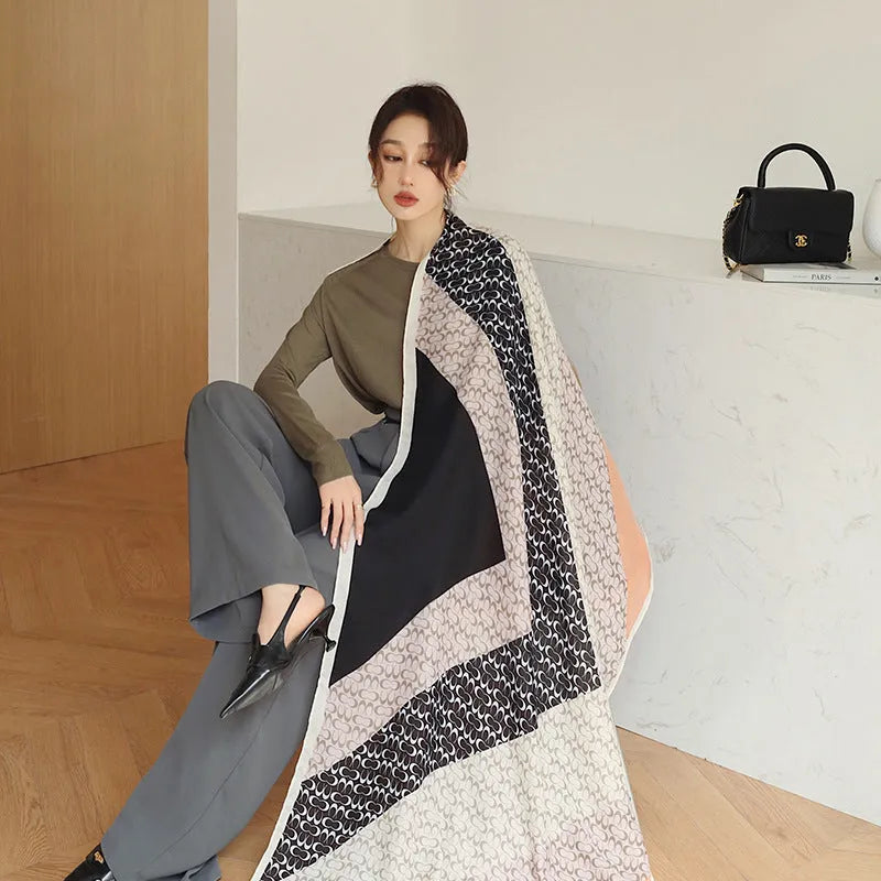 Polyester printed scarf shawl showing 90cm by 180cm dimensions and autumn-appropriate designs