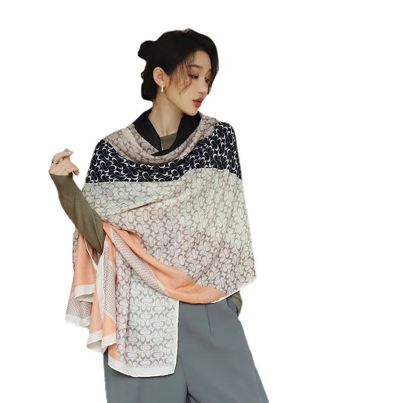 Polyester printed scarf shawl showing 90cm by 180cm dimensions and autumn-appropriate designs