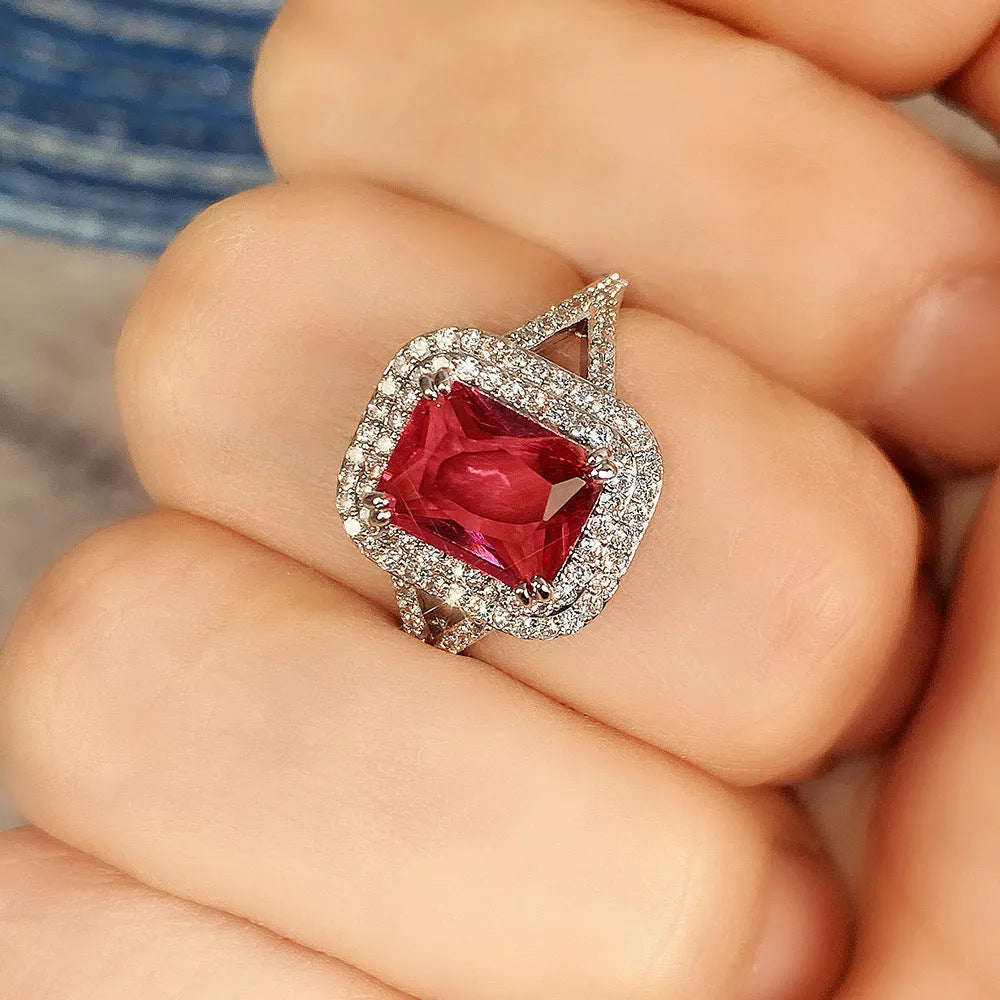 Copper geometric square ring with red rhinestones in princess design for women