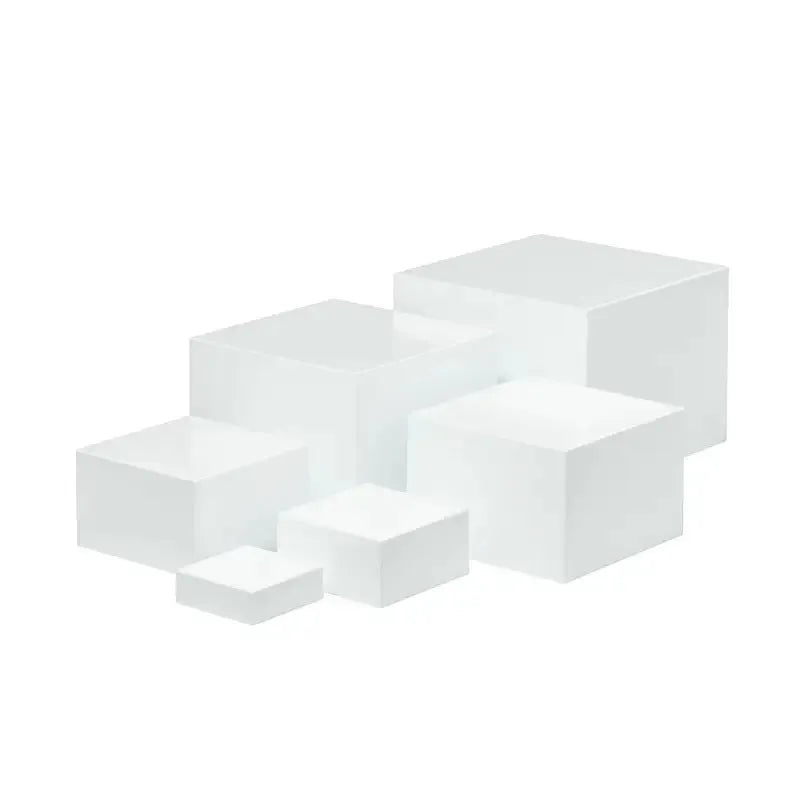 White plastic suit cube dessert display stand set with six tiered racks for bakery counter.