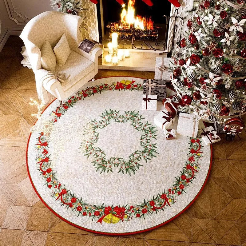Red round Christmas carpet with velvet texture and non-slip backing in various diameter sizes