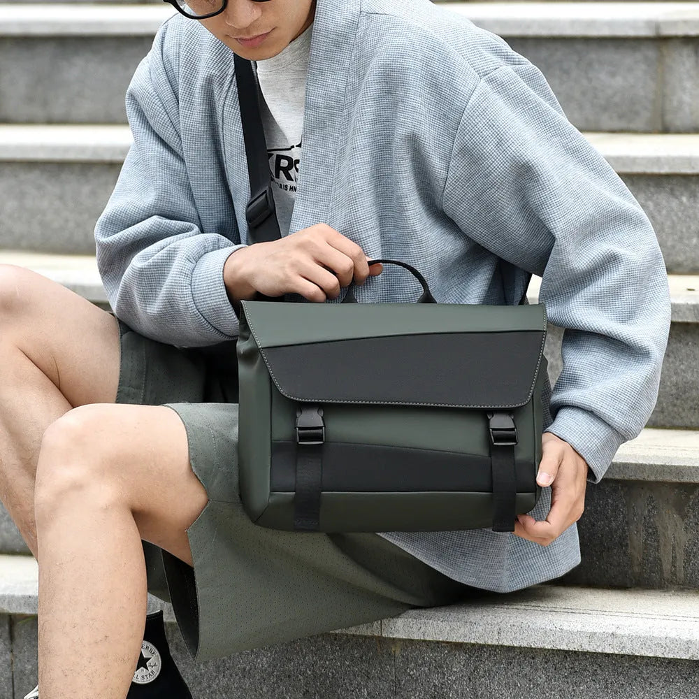 Men's black shoulder bag with large capacity, Derm material, visible sewing line detail, urban simplicity style