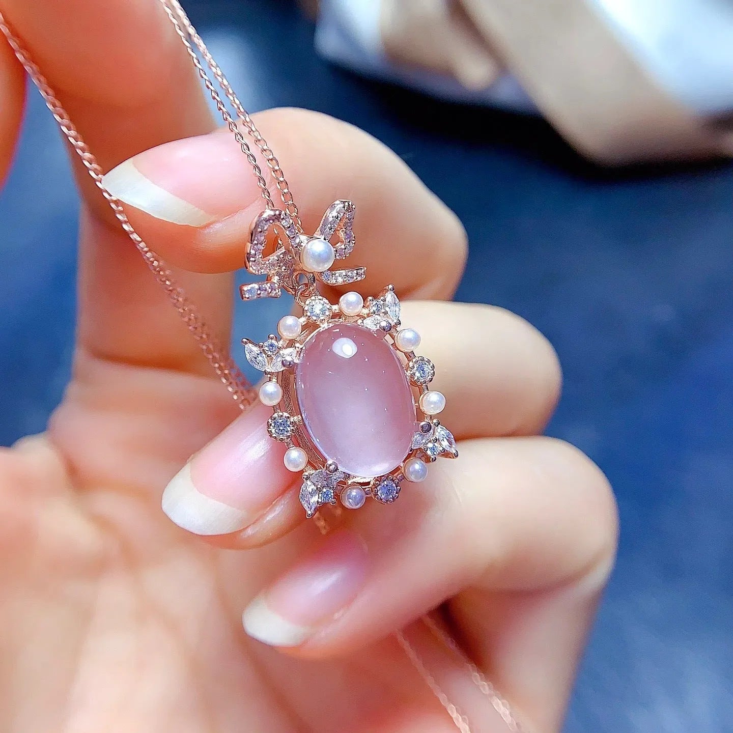 Geometric rose quartz pendant on 925 sterling silver chain with rose gold plating accents