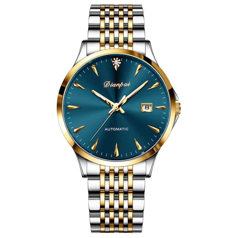Men's stainless steel automatic mechanical watch with simple dial and 30m water resistance