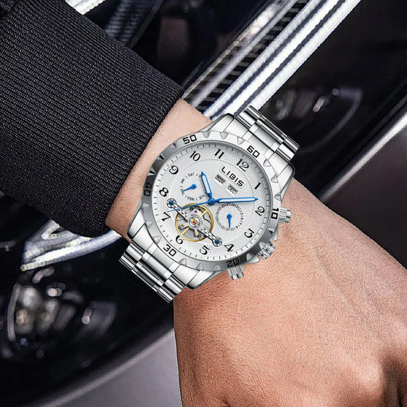 Silver steel automatic perpetual calendar men's watch with sapphire crystal glass