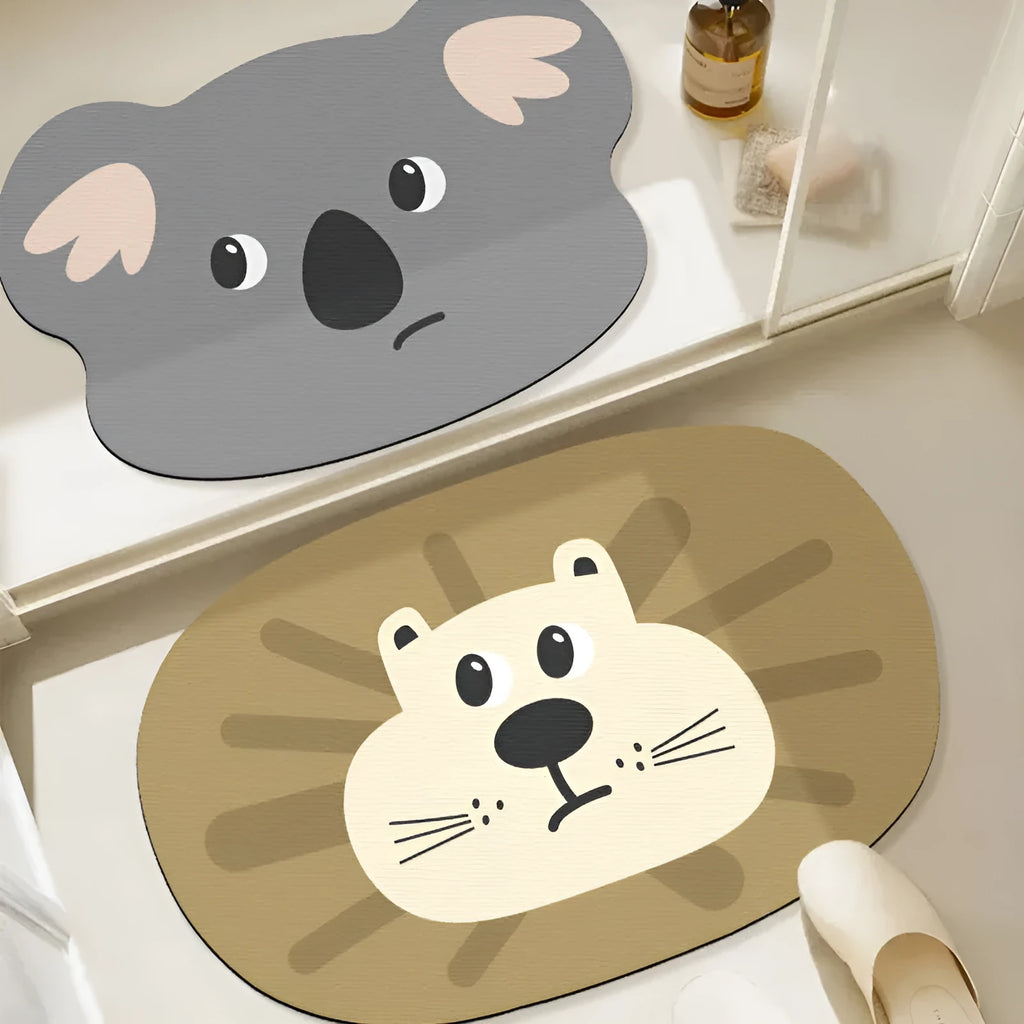 Diatomite absorbent bathroom mat with cartoon animal design in one of three available sizes