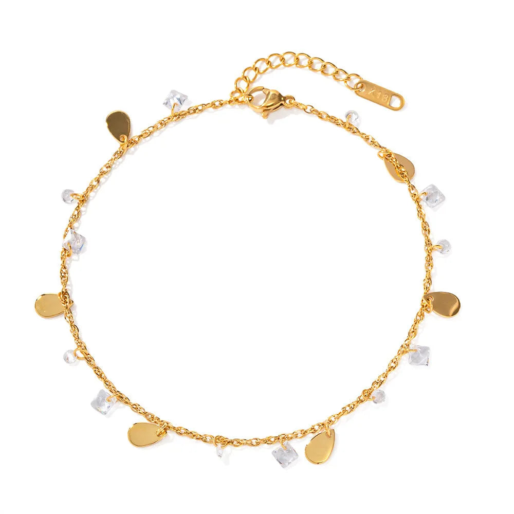 Women's stainless steel anklet with geometric water drop tassel charm on adjustable ankle bracelet
