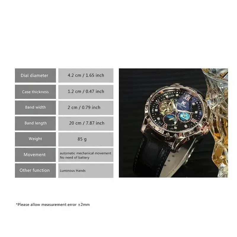 Men's automatic mechanical watch with hollow dial showing movement, black leather strap, rose gold case