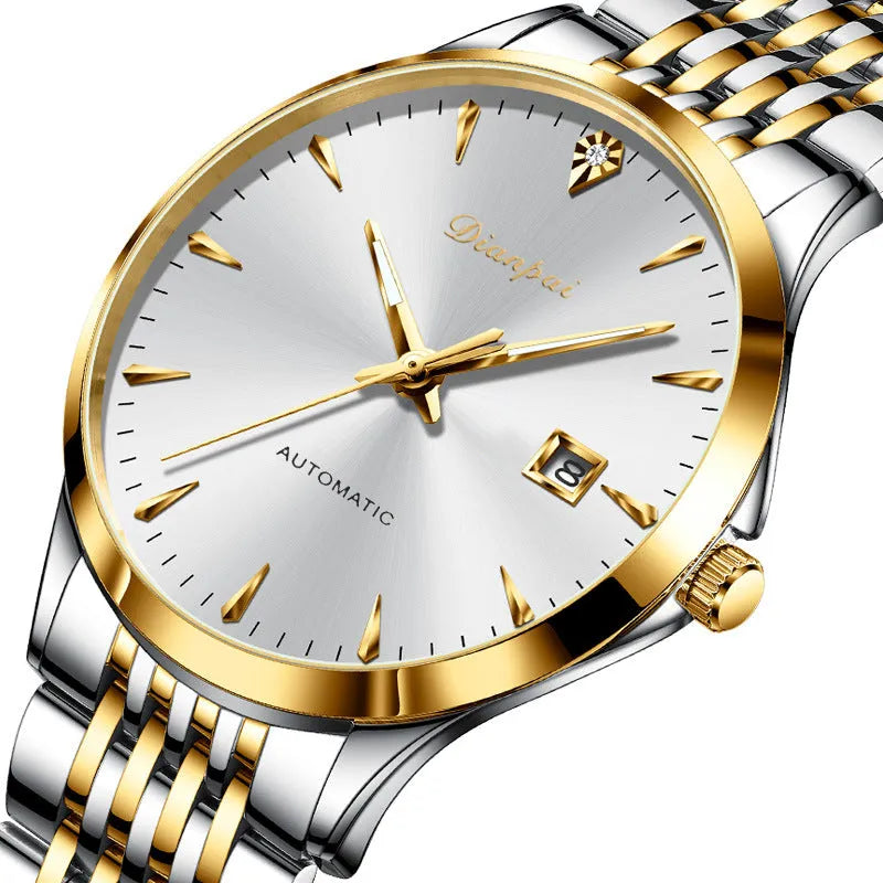 Men's stainless steel automatic mechanical watch with simple dial and 30m water resistance