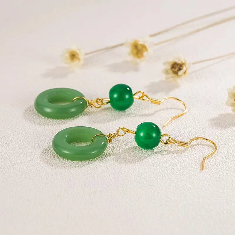 Geometric Chinese peace buckle earrings with green jade design on zinc alloy