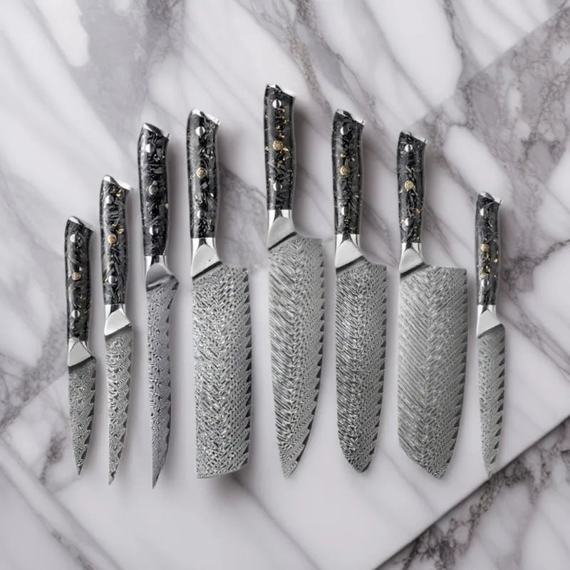 Damascus steel kitchen knife set with eight blades including Japanese and boning knives on a wooden surface