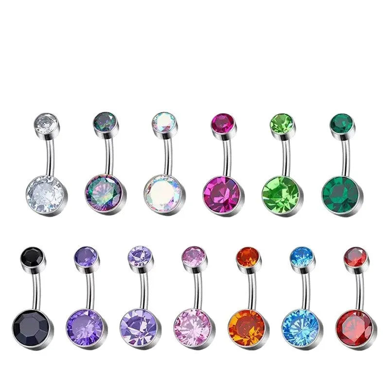 Titanium alloy navel piercing stud with double-headed zircon stones in various colours