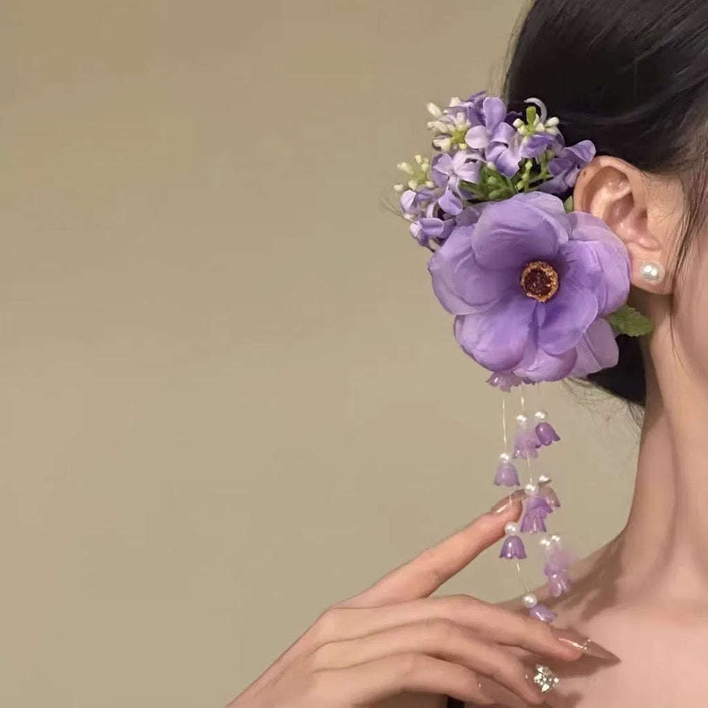 Handmade floral tassel hair clip with fairy pearls in purple or yellow colour options