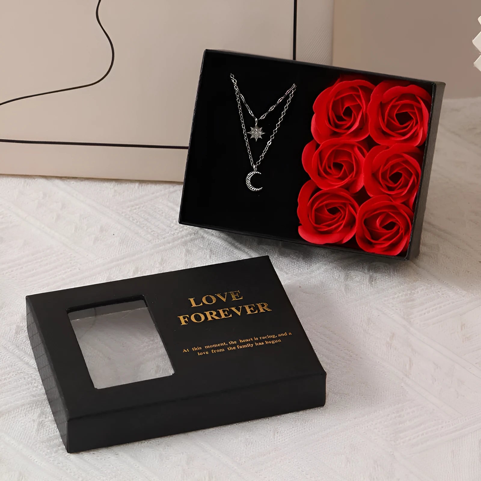 Korean-style gift box open to show six red rose-shaped soap flowers with gift handbag.