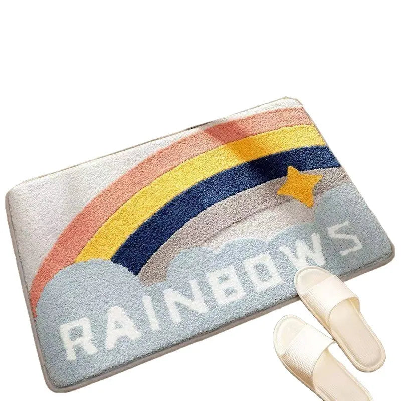 Square rainbow pattern floor mat in sky sea colour with imitation cashmere texture and plastic bottom