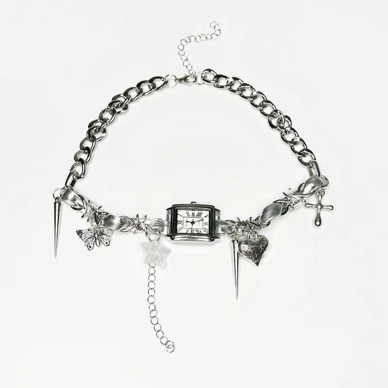 Dark style women's multi-layer cross necklace with twin clavicle chains showing large hemp flower links
