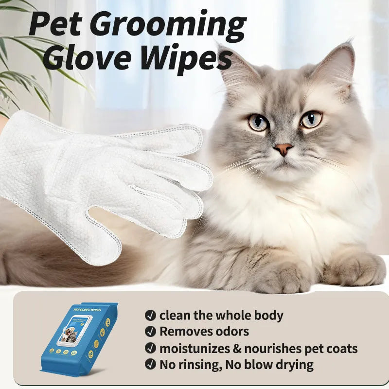 Pack of disposable wash-free gloves for cleaning and bathing pets like cats and dogs.