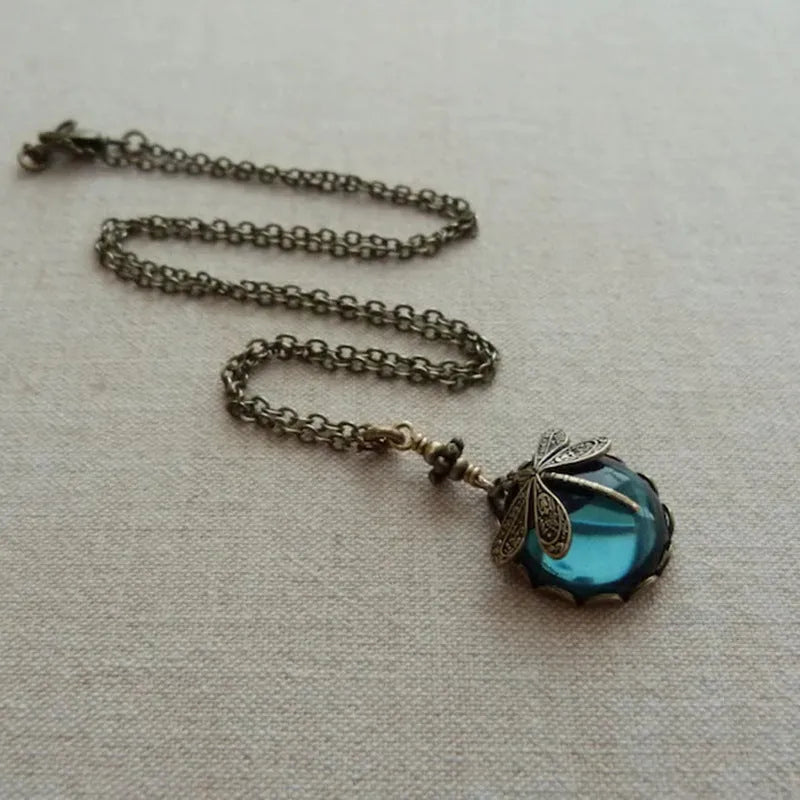 Vintage bronze dragonfly pendant necklace on chain, 925 silver with yellow gold tone finish
