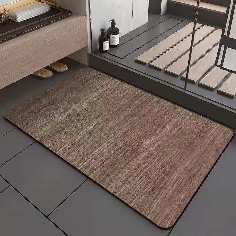 Square diatomite bathroom floor mat with wood grain pattern and non-slip base.