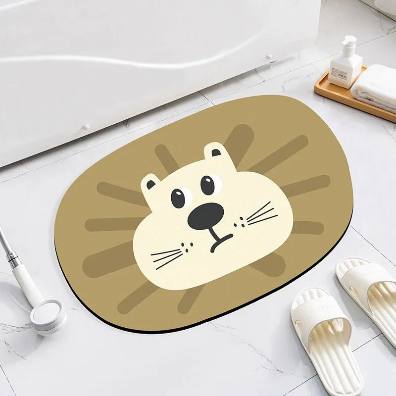 Diatomite absorbent bathroom mat with cartoon animal design in one of three available sizes
